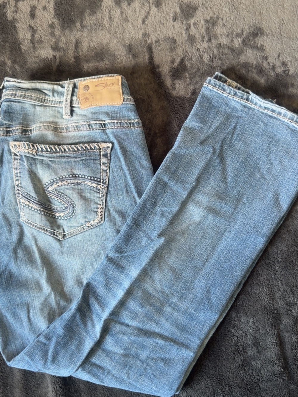 Silver Jeans Light Blue Denim Jeans with Tan Stitching and Red Accent